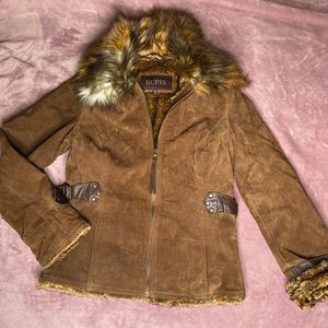 Guess brown suede leather jacket with a faux fur lining women’s size medium